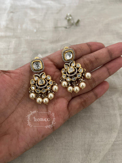 Anahita Kundan Polki Earrings With Pearl Drops | Antique Gold Plated Indian Traditional Studs By Ranibaug