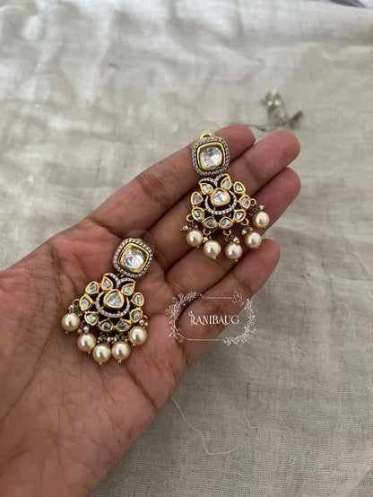 Anahita Kundan Polki Earrings With Pearl Drops | Antique Gold Plated Indian Traditional Studs By Ranibaug