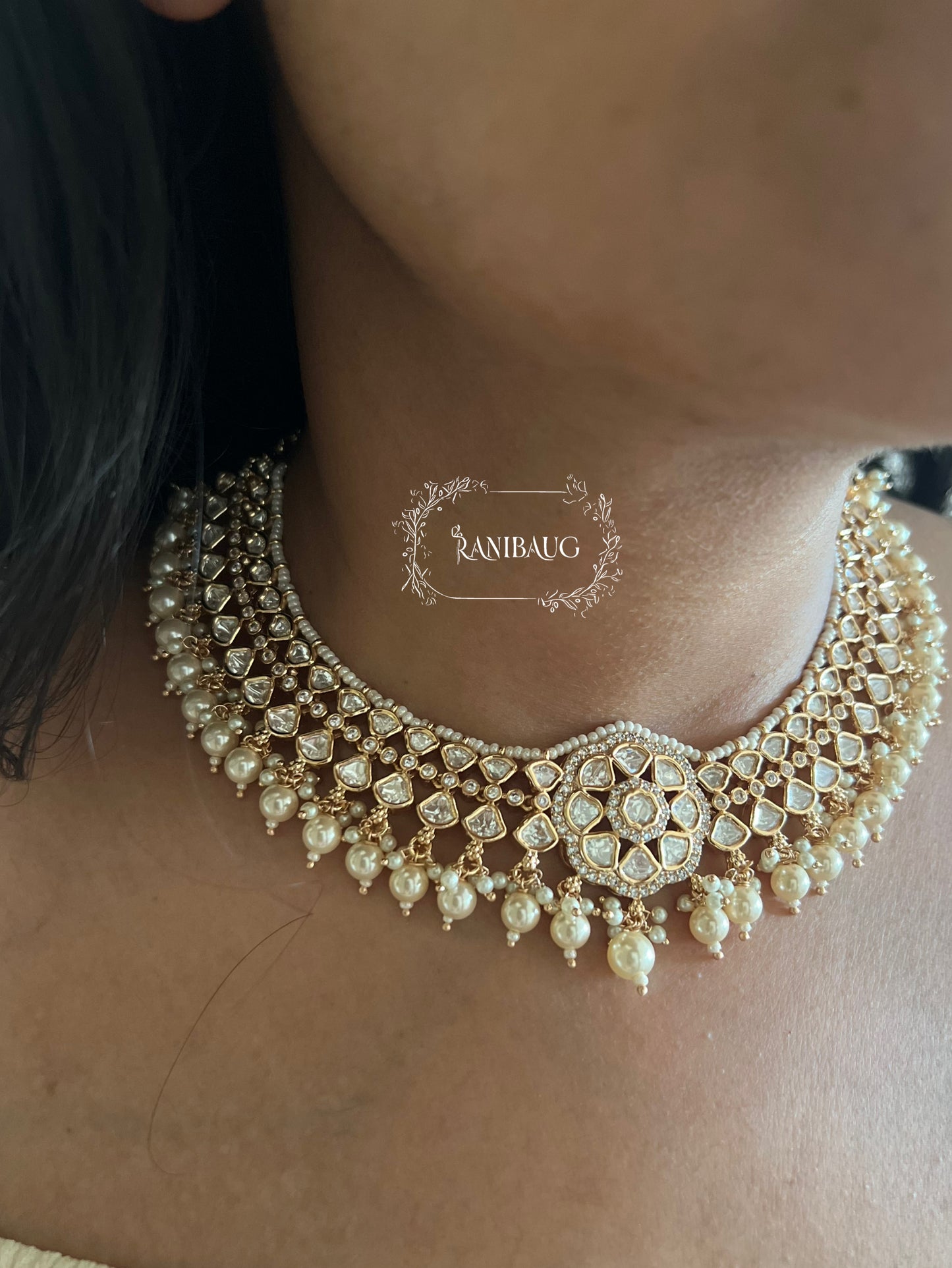 Anandi Floral Motif Gold Plated Kundan Studded 3 Layered Necklace Jewellery Set By Ranibaug