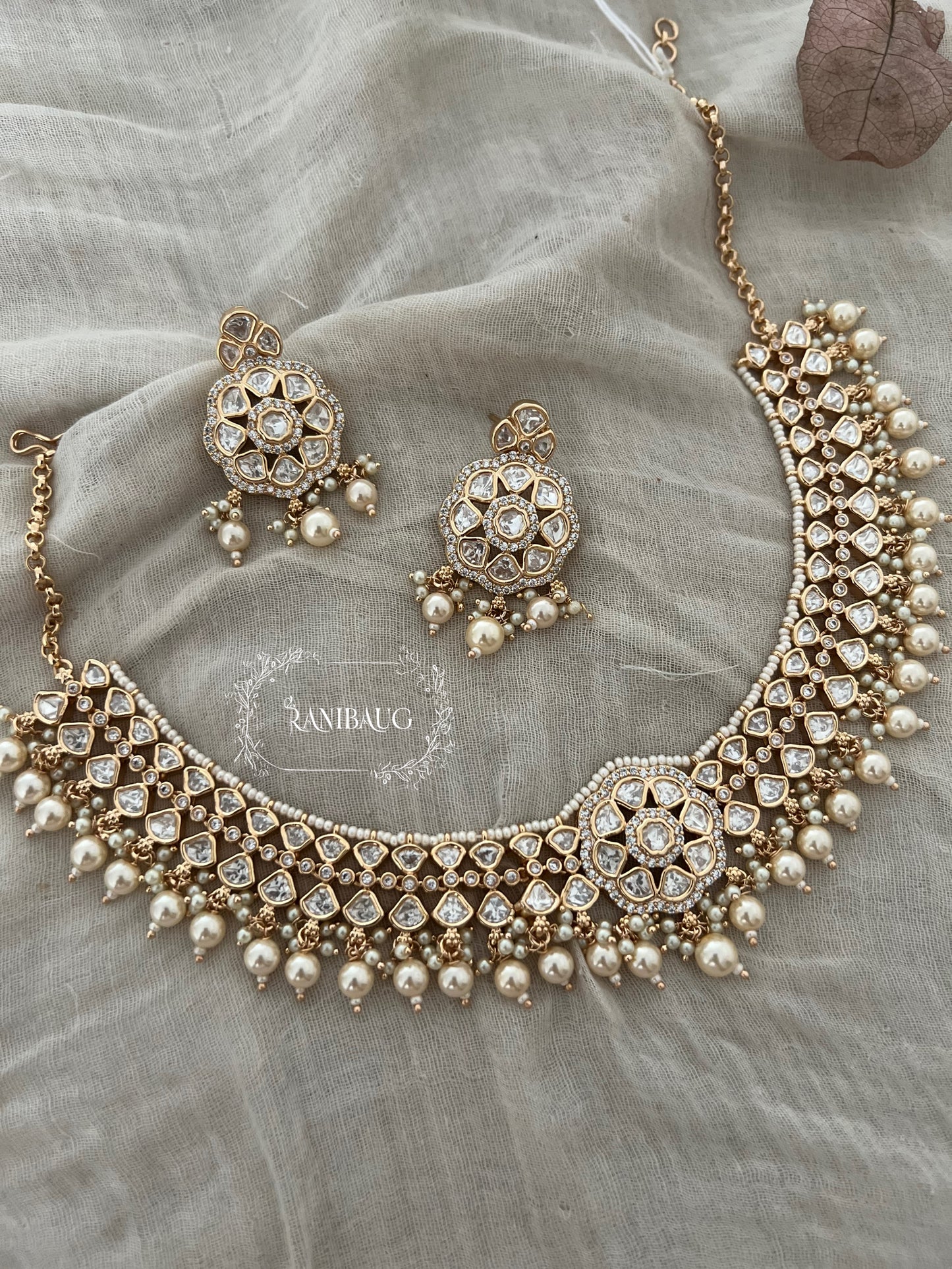 Anandi Floral Motif Gold Plated Kundan Studded 3 Layered Necklace Jewellery Set By Ranibaug