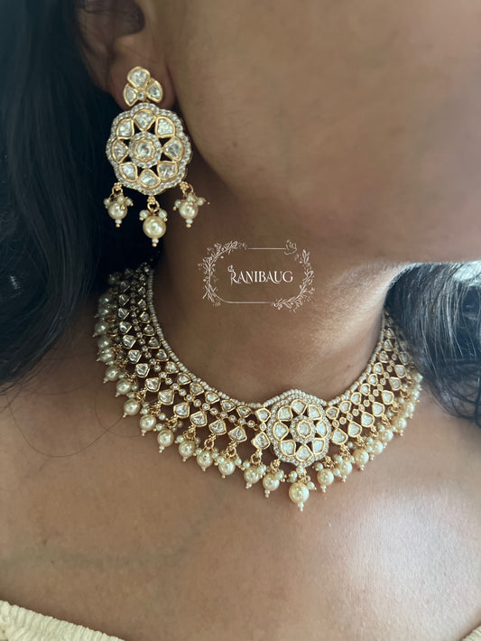 Anandi Floral Motif Gold Plated Kundan Studded 3 Layered Necklace Jewellery Set By Ranibaug