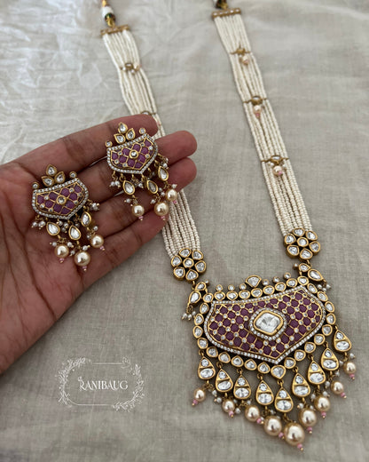 Ananya Long Indian Polki Kundan Premium Gold Finish Pearl Tassel Necklace Set By Ranibaug