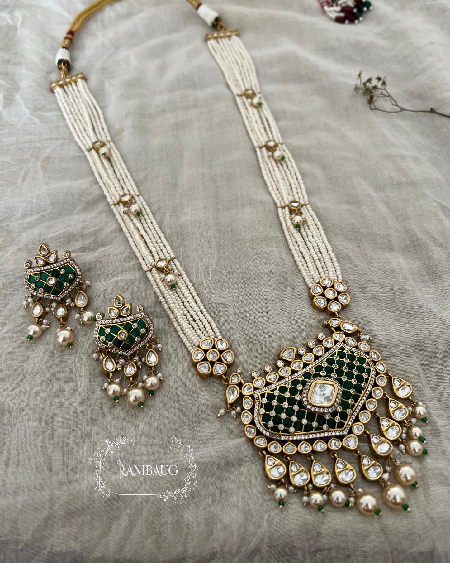 Ananya Long Indian Polki Kundan Premium Gold Finish Pearl Tassel Necklace Set By Ranibaug