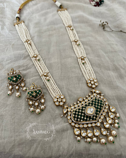 Ananya Long Indian Polki Kundan Premium Gold Finish Pearl Tassel Necklace Set By Ranibaug