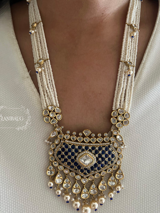 Ananya Long Indian Polki Kundan Premium Gold Finish Pearl Tassel Necklace Set By Ranibaug