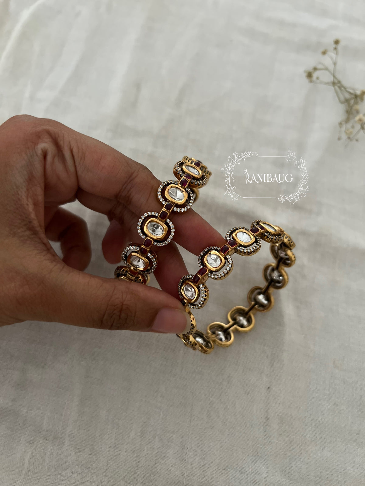 Anara Polki Gold Finish Oval Kundan Motif Designer Bangle By Ranibaug