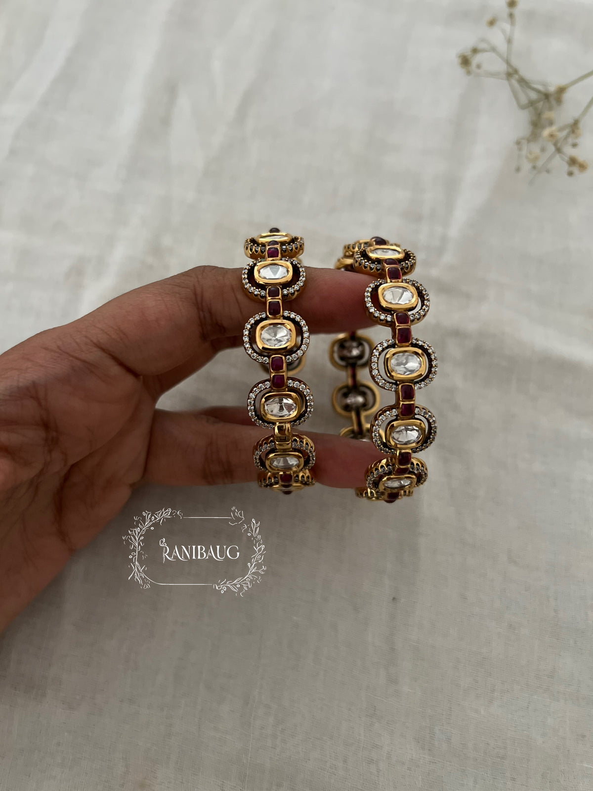 Anara Polki Gold Finish Oval Kundan Motif Designer Bangle By Ranibaug