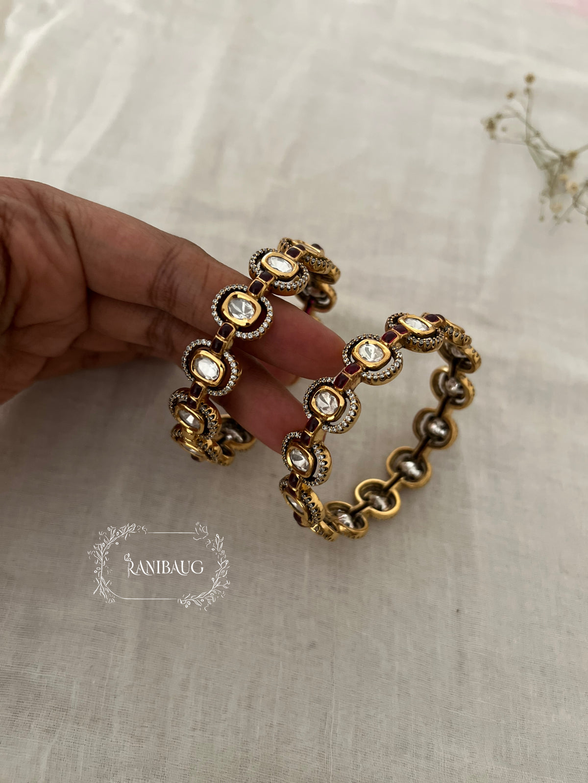 Anara Polki Gold Finish Oval Kundan Motif Designer Bangle By Ranibaug