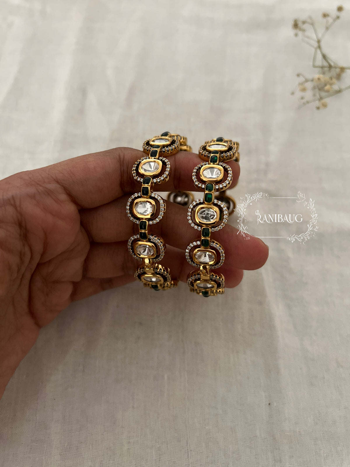 Anara Polki Gold Finish Oval Kundan Motif Designer Bangle By Ranibaug