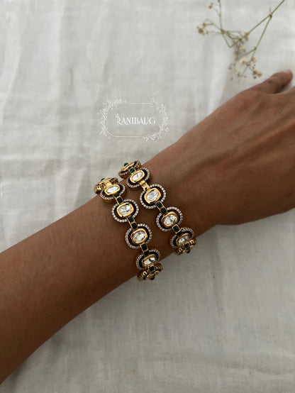 Anara Polki Gold Finish Oval Kundan Motif Designer Bangle By Ranibaug