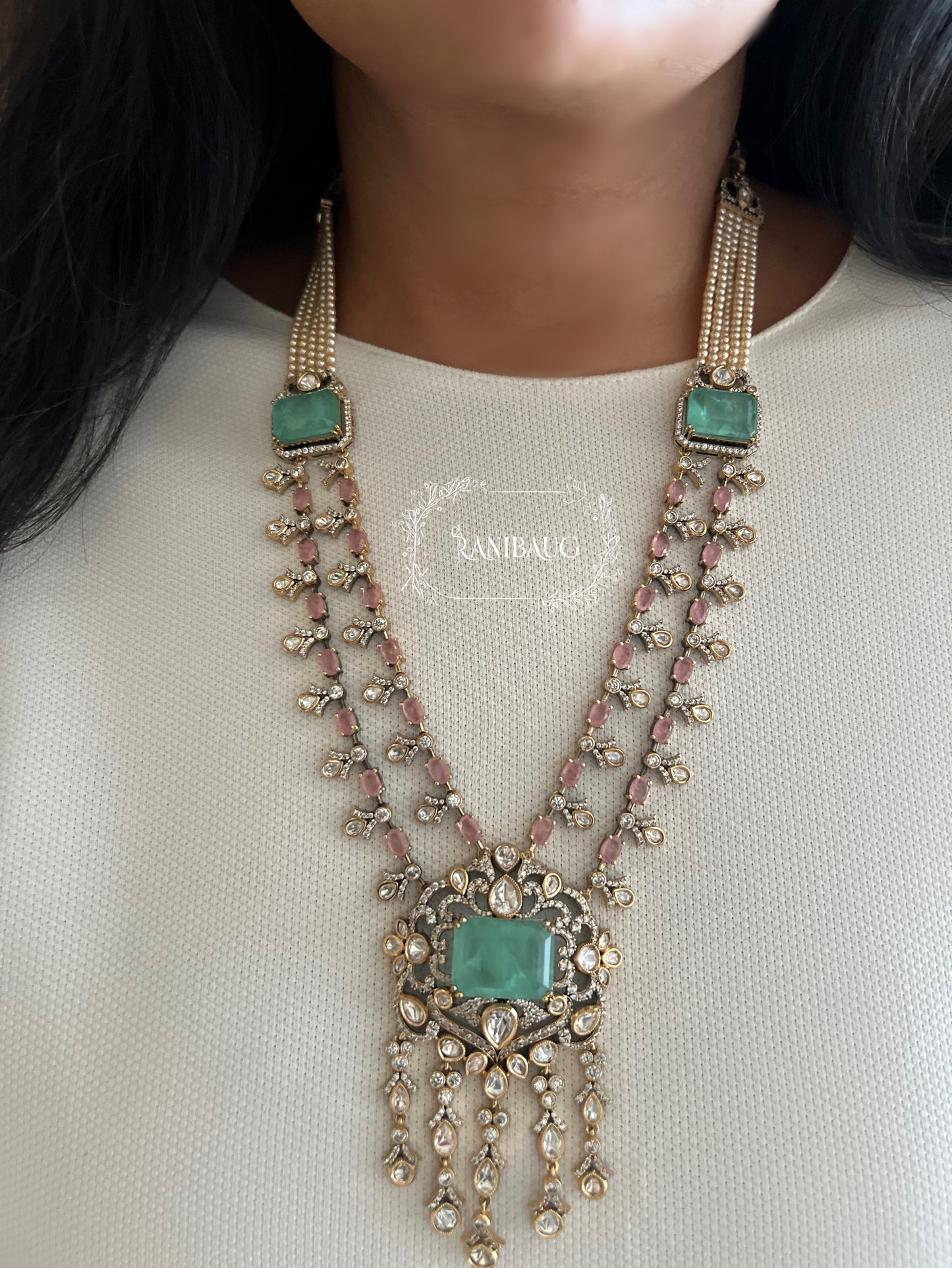 Anaya Waterfall Mossainite Polki Dangling Motif Gemstone Victorian Finish Vintage Style Long Necklace By Ranibaug | 2 Layered Necklace Set