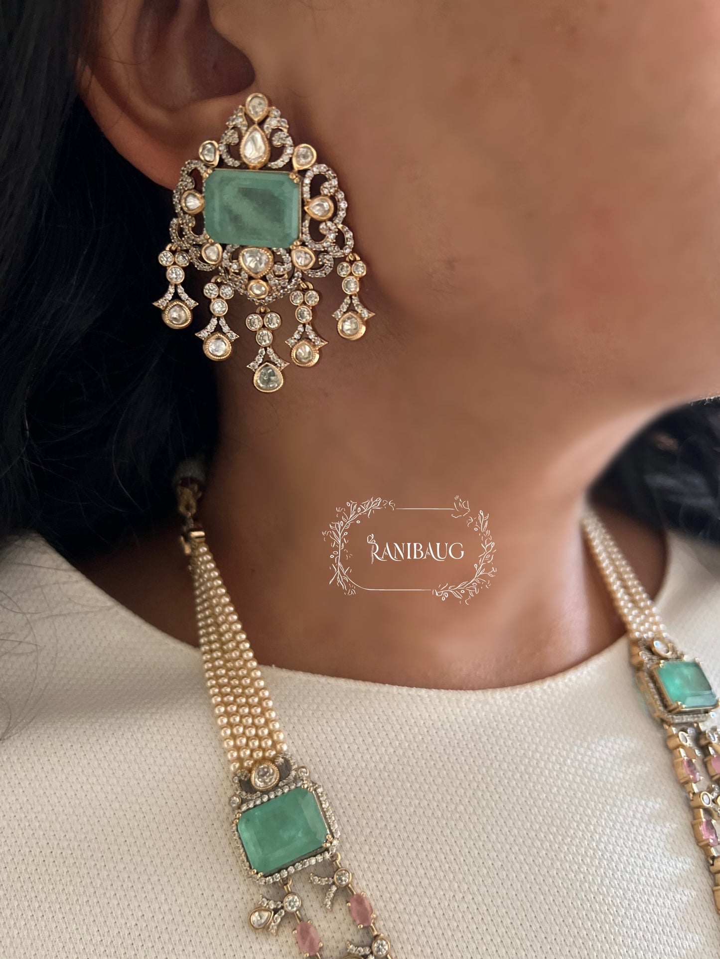 Anaya Waterfall Mossainite Polki Dangling Motif Gemstone Victorian Finish Vintage Style Long Necklace By Ranibaug | 2 Layered Necklace Set