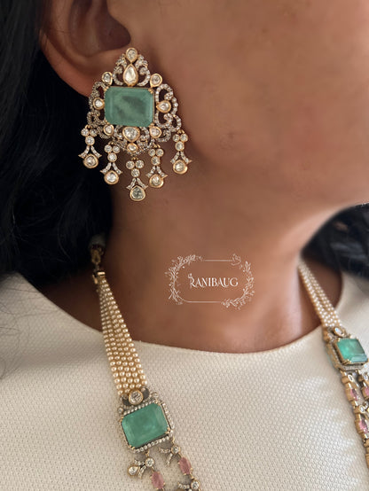 Anaya Waterfall Mossainite Polki Dangling Motif Gemstone Victorian Finish Vintage Style Long Necklace By Ranibaug | 2 Layered Necklace Set