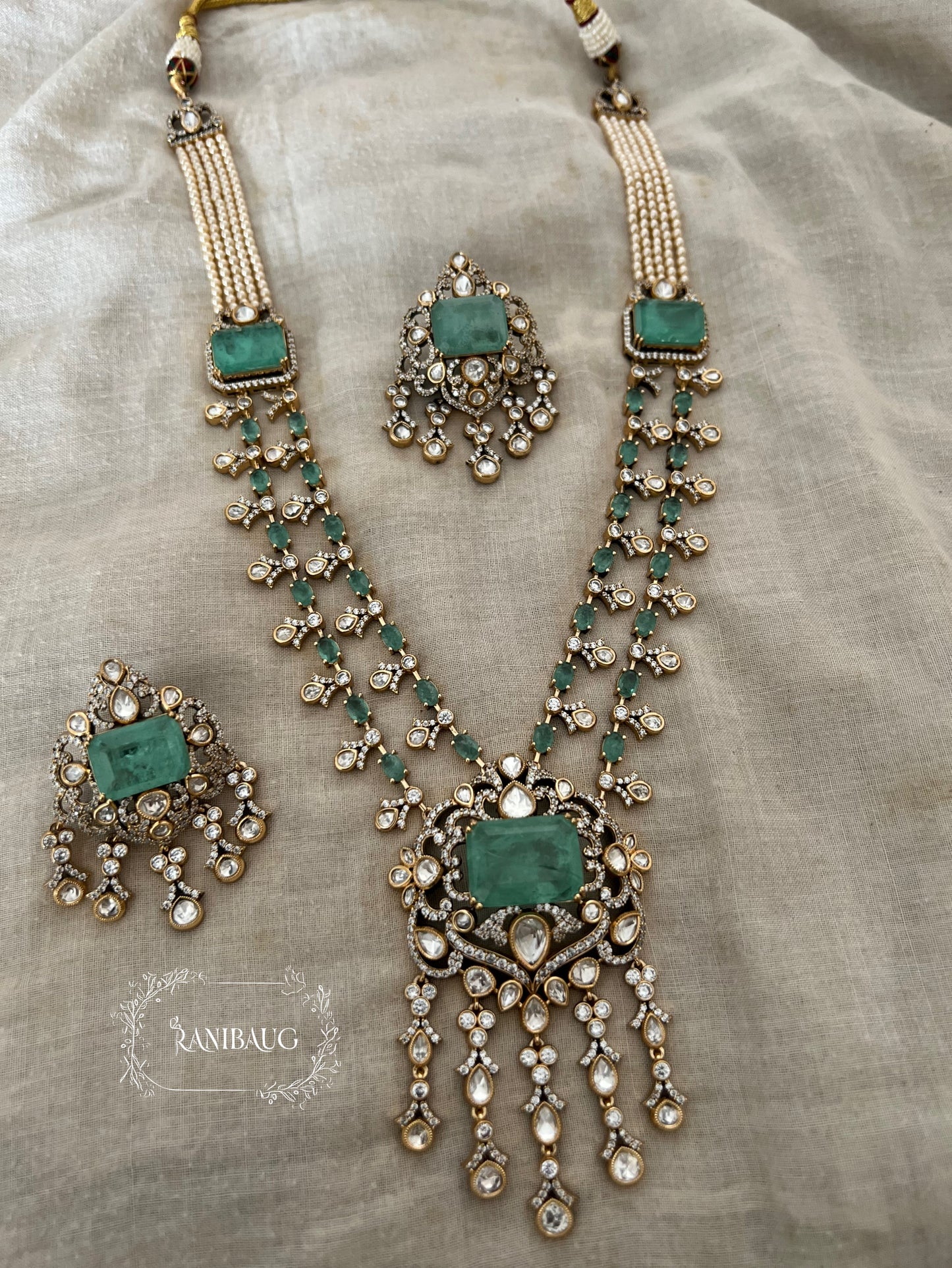 Anaya Waterfall Mossainite Polki Dangling Motif Gemstone Victorian Finish Vintage Style Long Necklace By Ranibaug | 2 Layered Necklace Set