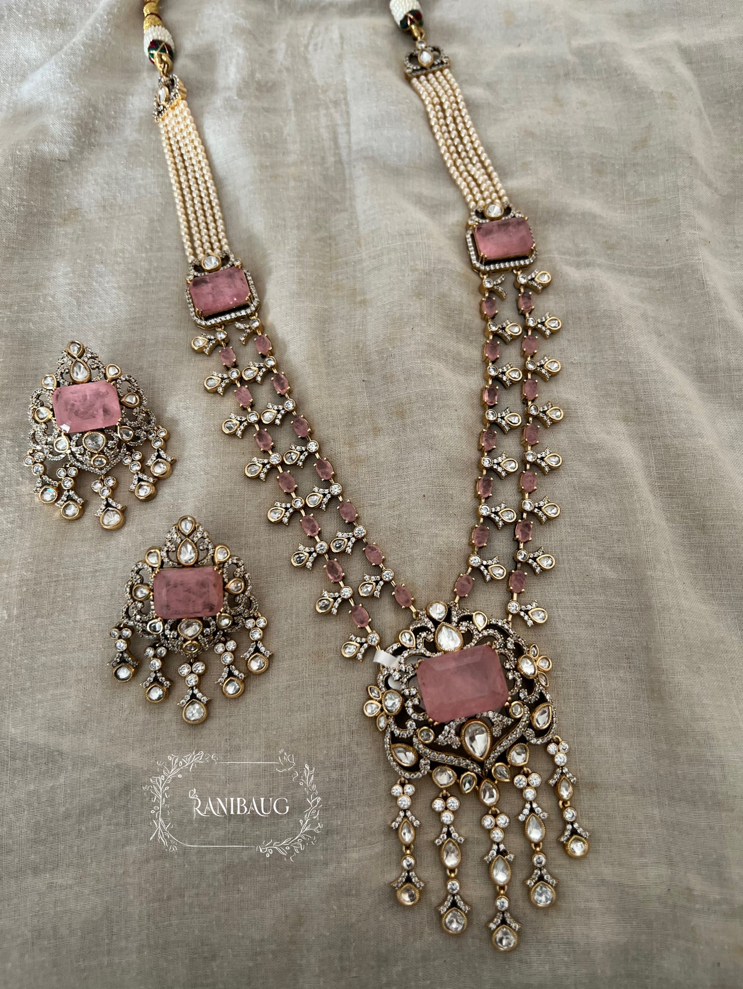 Anaya Waterfall Mossainite Polki Dangling Motif Gemstone Victorian Finish Vintage Style Long Necklace By Ranibaug | 2 Layered Necklace Set