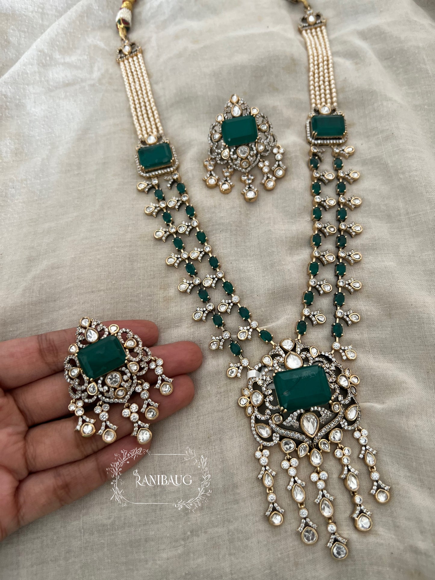 Anaya Waterfall Mossainite Polki Dangling Motif Gemstone Victorian Finish Vintage Style Long Necklace By Ranibaug | 2 Layered Necklace Set