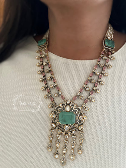 Anaya Waterfall Mossainite Polki Dangling Motif Gemstone Victorian Finish Vintage Style Long Necklace By Ranibaug | 2 Layered Necklace Set