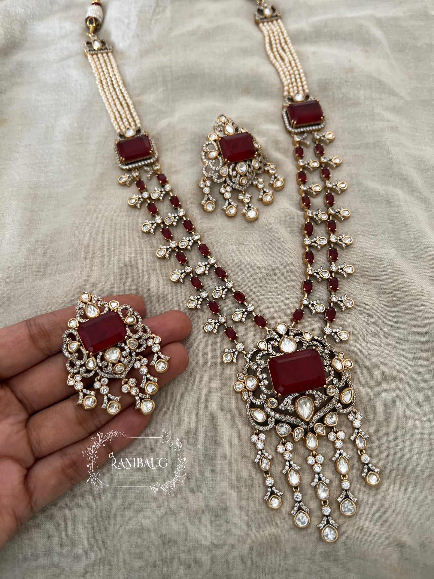 Anaya Waterfall Mossainite Polki Dangling Motif Gemstone Victorian Finish Vintage Style Long Necklace By Ranibaug | 2 Layered Necklace Set