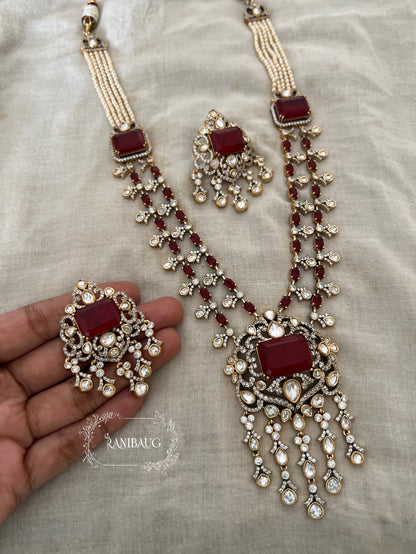 Anaya Waterfall Mossainite Polki Dangling Motif Gemstone Victorian Finish Vintage Style Long Necklace By Ranibaug | 2 Layered Necklace Set