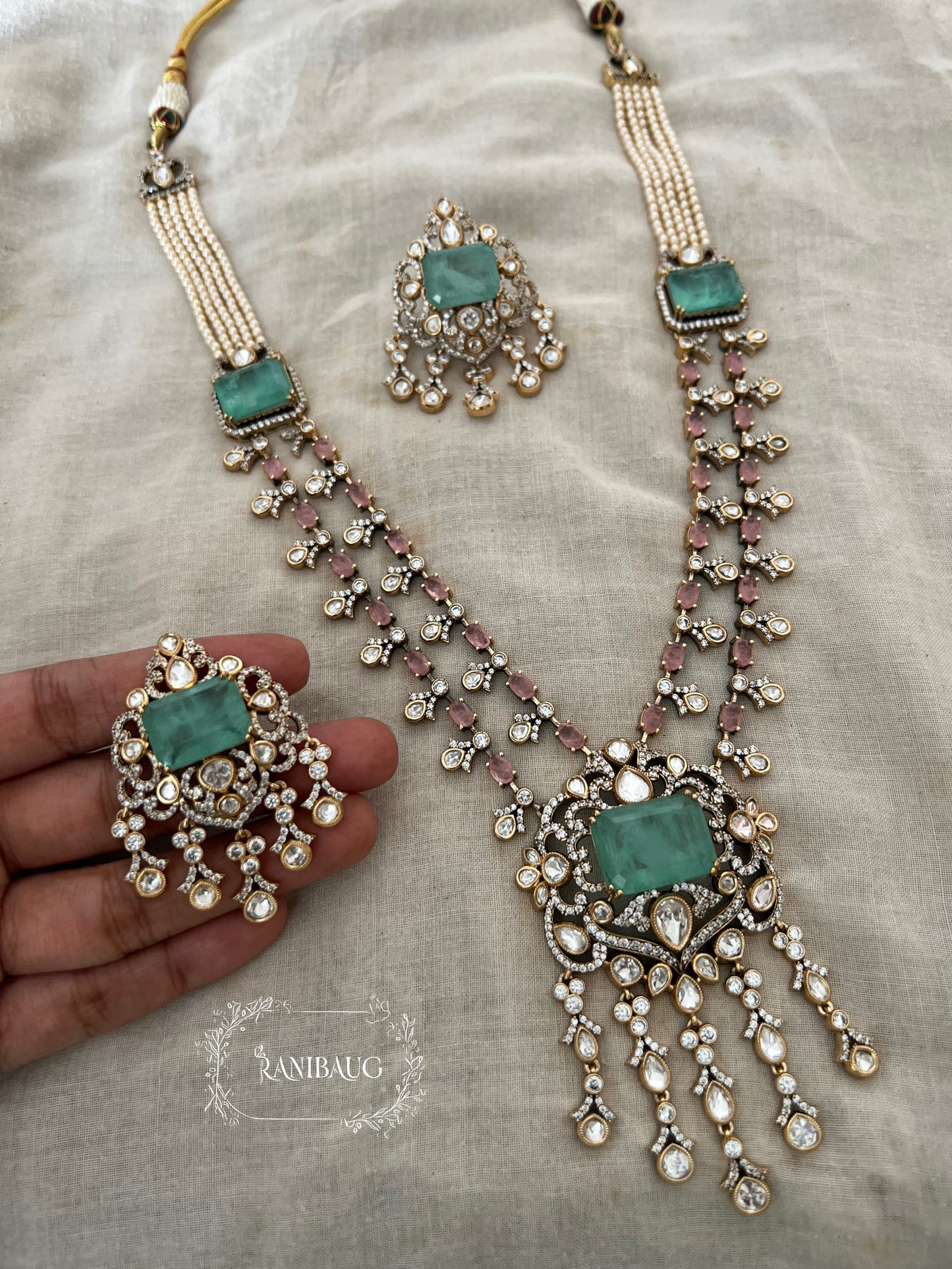 Anaya Waterfall Mossainite Polki Dangling Motif Gemstone Victorian Finish Vintage Style Long Necklace By Ranibaug | 2 Layered Necklace Set