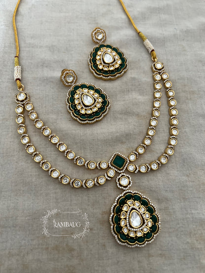 Aneri Gold Finish Polki Kundan Layered Collar Style Green Stones Necklace Set By Ranibaug