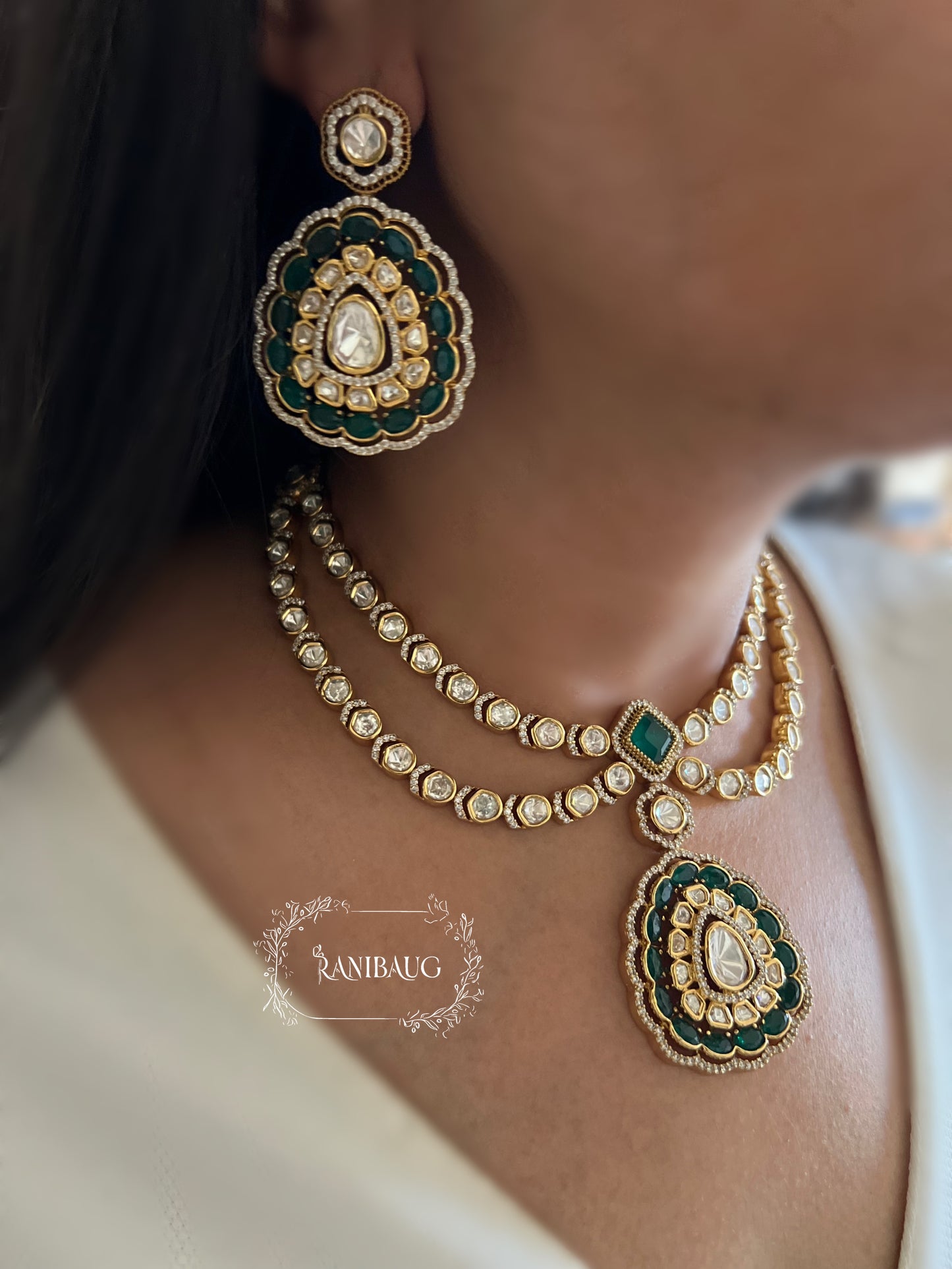 Aneri Gold Finish Polki Kundan Layered Collar Style Green Stones Necklace Set By Ranibaug
