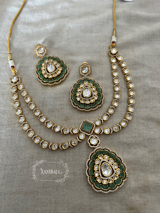 Aneri Gold Finish Polki Kundan Layered Collar Style Green Stones Necklace Set By Ranibaug