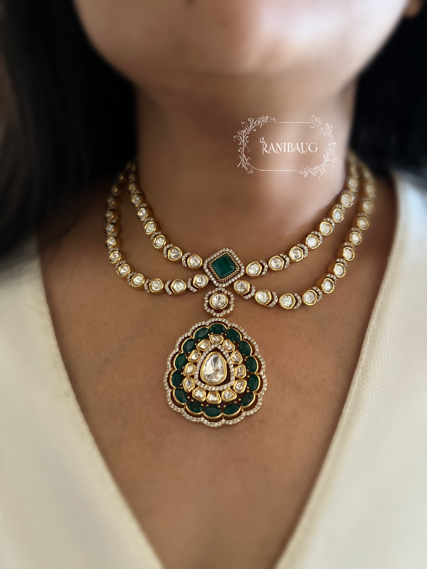 Aneri Gold Finish Polki Kundan Layered Collar Style Green Stones Necklace Set By Ranibaug