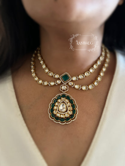 Aneri Gold Finish Polki Kundan Layered Collar Style Green Stones Necklace Set By Ranibaug
