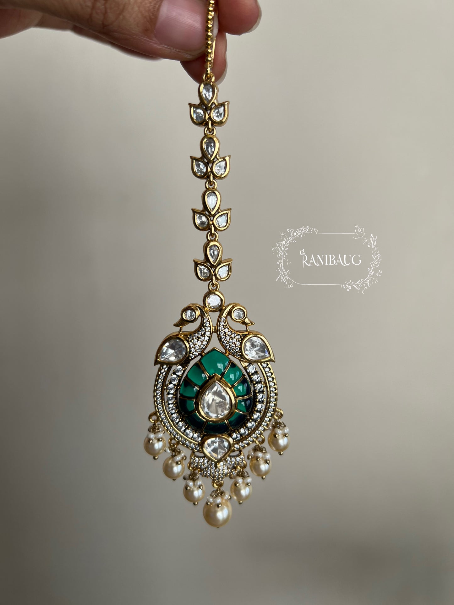 Aneri Indian Peacock Inspired Gold Plated Polki Studded Maang Tikka Jewellery For Women By Ranibaug