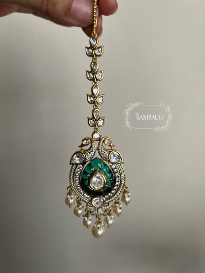 Aneri Indian Peacock Inspired Gold Plated Polki Studded Maang Tikka Jewellery For Women By Ranibaug