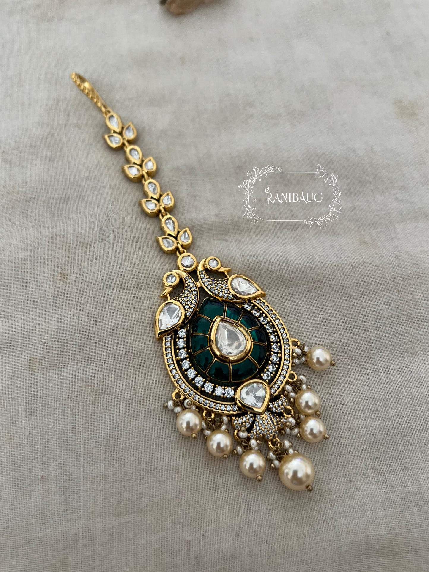 Aneri Indian Peacock Inspired Gold Plated Polki Studded Maang Tikka Jewellery For Women By Ranibaug