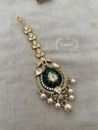 Aneri Indian Peacock Inspired Gold Plated Polki Studded Maang Tikka Jewellery For Women By Ranibaug