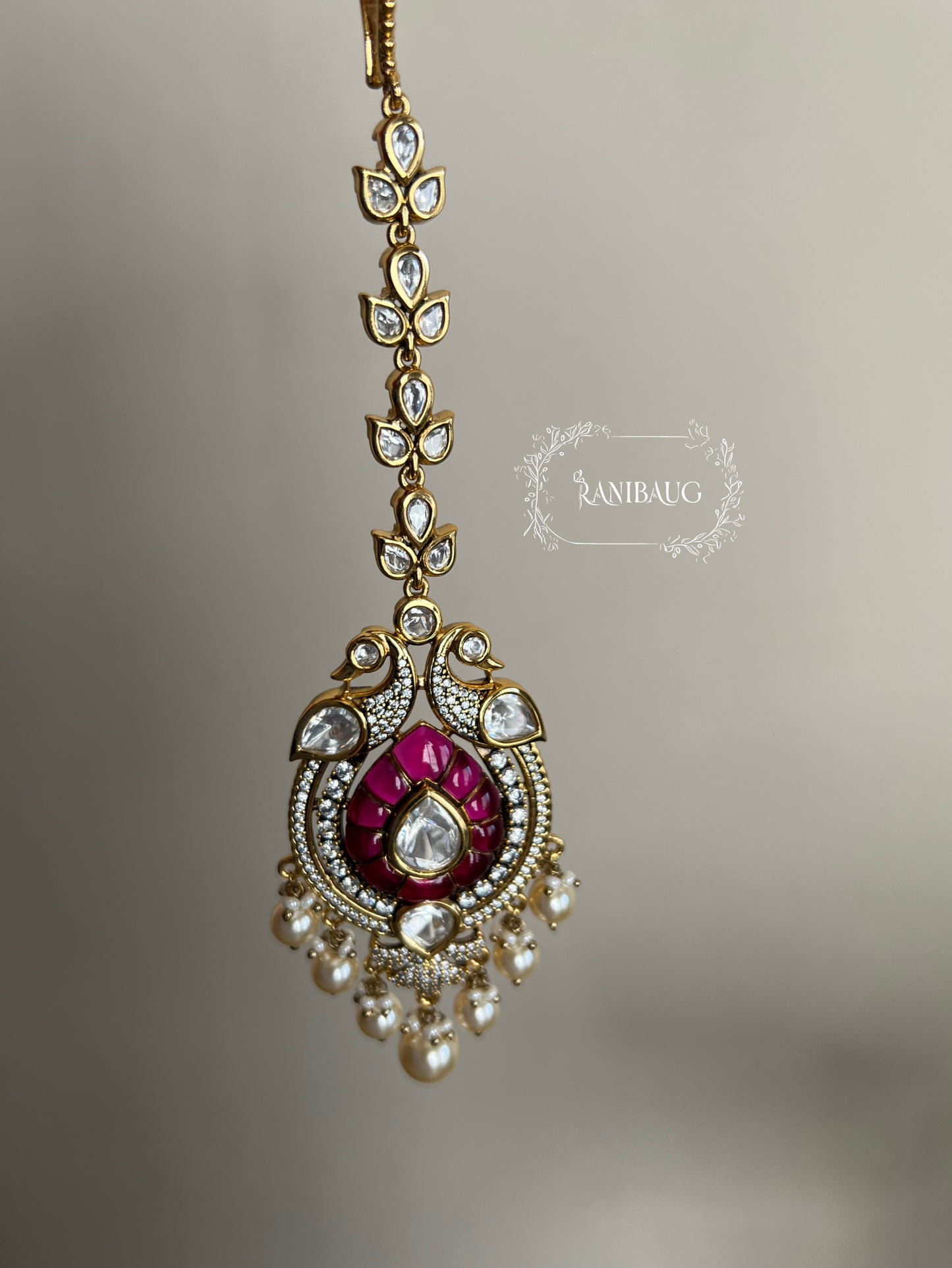 Aneri Indian Peacock Inspired Gold Plated Polki Studded Maang Tikka Jewellery For Women By Ranibaug