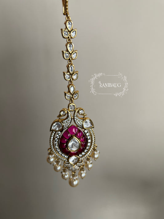 Aneri Indian Peacock Inspired Gold Plated Polki Studded Maang Tikka Jewellery For Women By Ranibaug