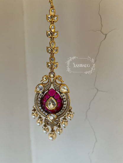Aneri Indian Peacock Inspired Gold Plated Polki Studded Maang Tikka Jewellery For Women By Ranibaug