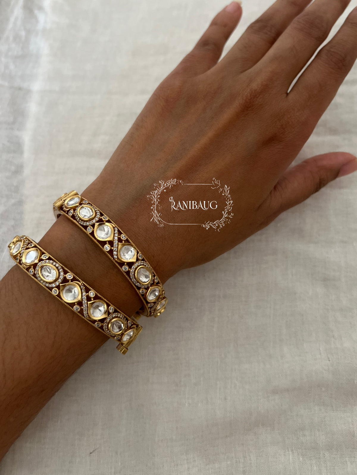 Aneri Polki Classic Zirconnia Gold Finish Festive Bangle Set By Ranibaug