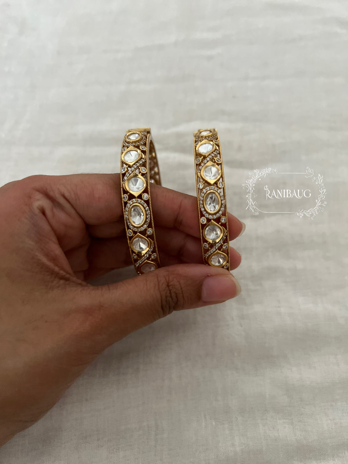 Aneri Polki Classic Zirconnia Gold Finish Festive Bangle Set By Ranibaug