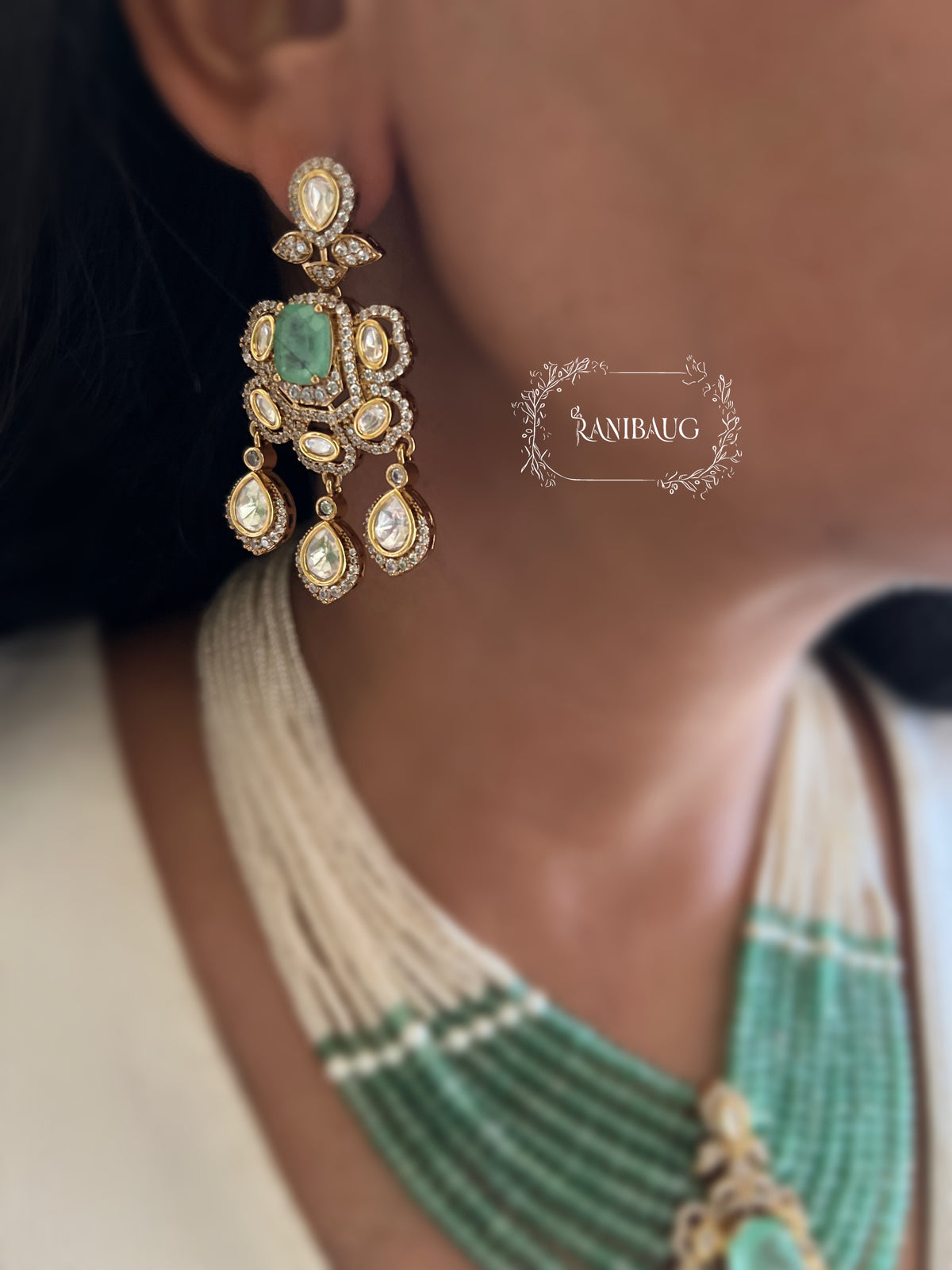Aneri Pollki Kundan Emerald Pearl Strands Royal Layered Necklace Set By Ranibaug