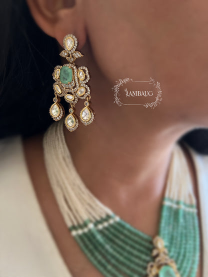 Aneri Pollki Kundan Emerald Pearl Strands Royal Layered Necklace Set By Ranibaug