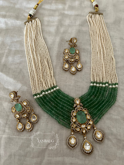 Aneri Pollki Kundan Emerald Pearl Strands Royal Layered Necklace Set By Ranibaug