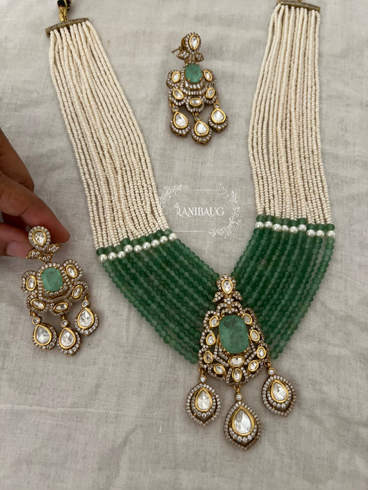 Aneri Pollki Kundan Emerald Pearl Strands Royal Layered Necklace Set By Ranibaug