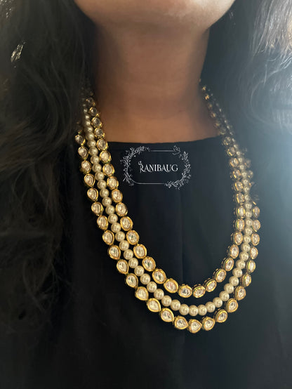 Aneri Three Layered Long Mossainite Kundan And Pearl Mala Necklace In Premium Antique Gold Finish By Ranibaug