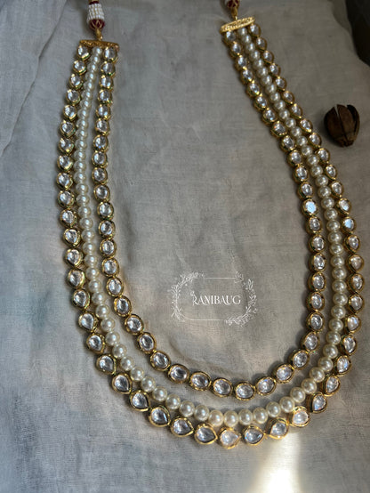 Aneri Three Layered Long Mossainite Kundan And Pearl Mala Necklace In Premium Antique Gold Finish By Ranibaug