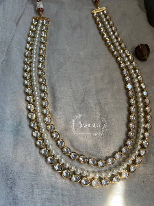 Aneri Three Layered Long Mossainite Kundan And Pearl Mala Necklace In Premium Antique Gold Finish By Ranibaug