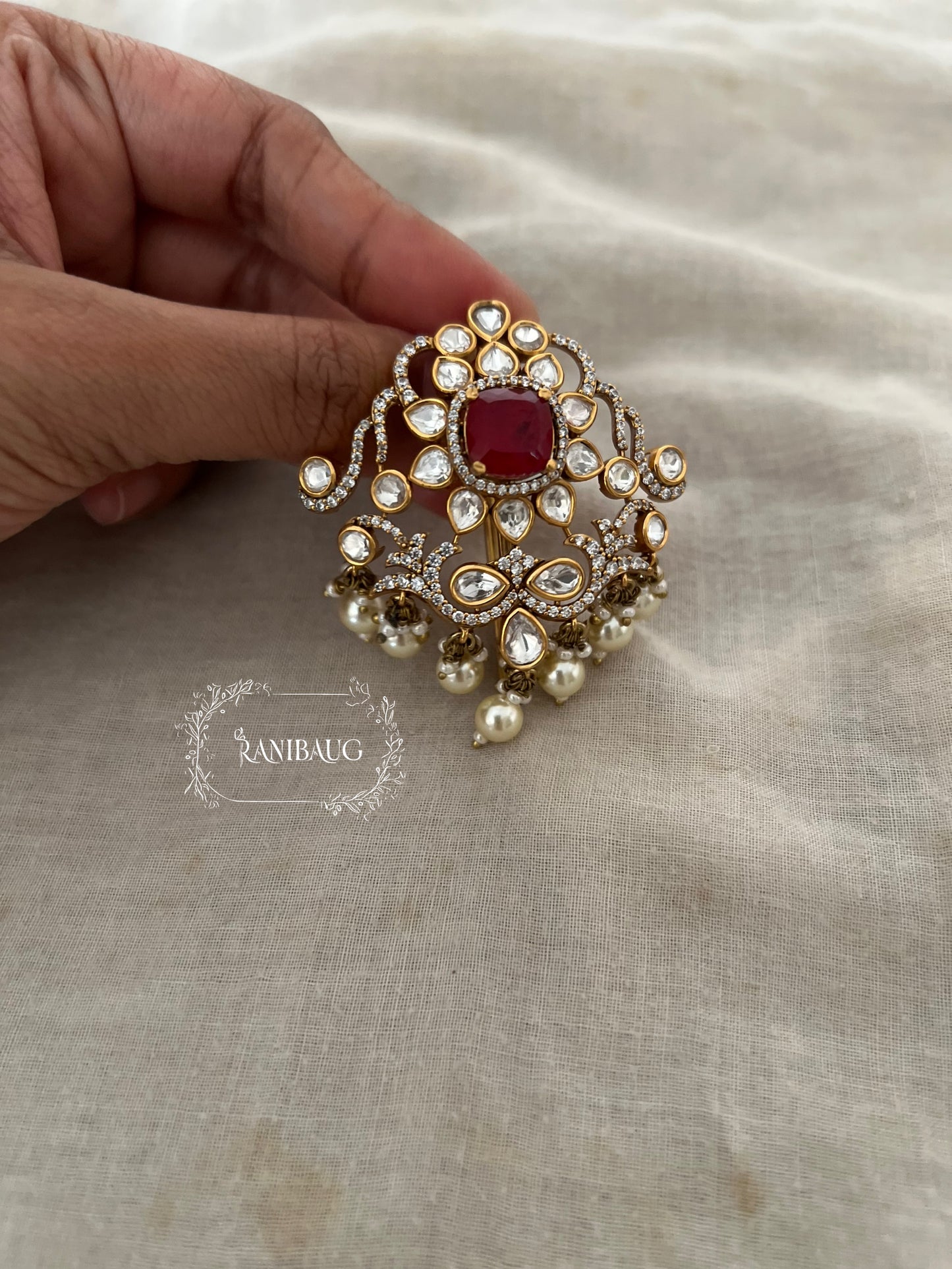 Angara Royal Gold Finish Polki Studded Pearl Adorned Kalgi For Pagdi By Ranibaug