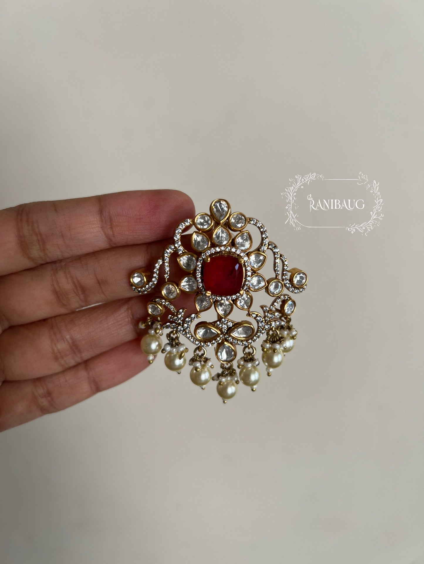 Angara Royal Gold Finish Polki Studded Pearl Adorned Kalgi For Pagdi By Ranibaug
