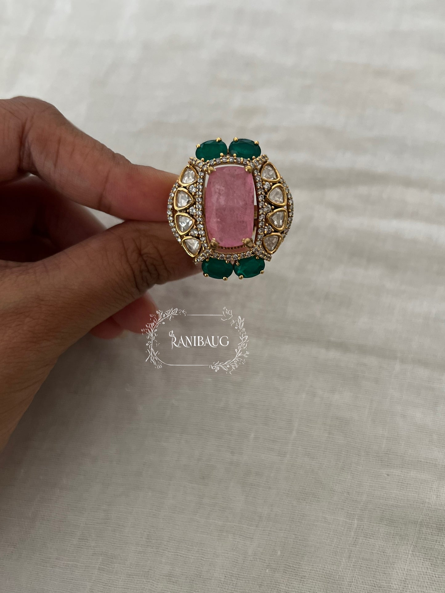 Anika Gold Finish Royal Gemstone Motif Polki Studded Festive Ring Jewelry By Ranibaug
