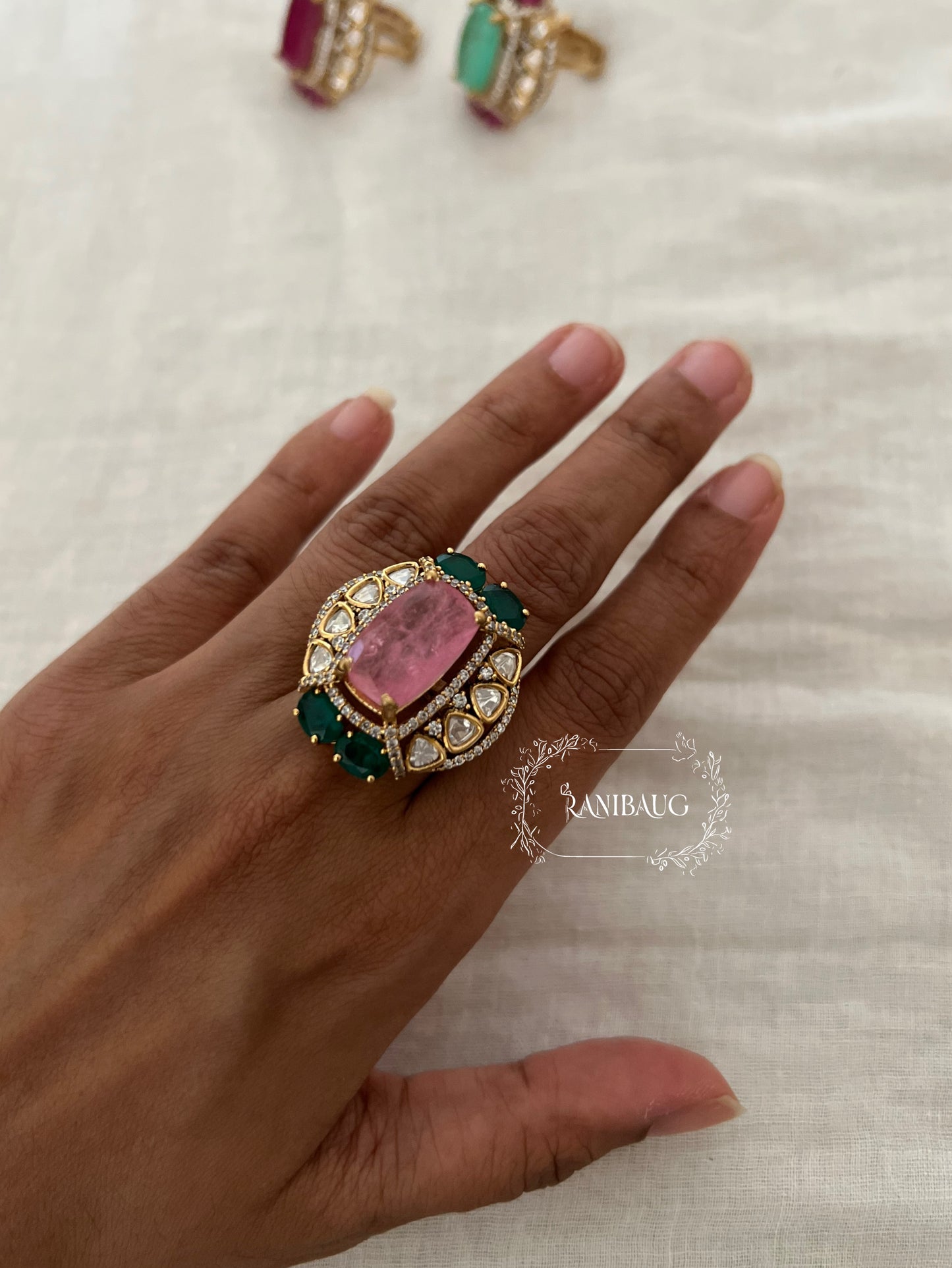 Anika Gold Finish Royal Gemstone Motif Polki Studded Festive Ring Jewelry By Ranibaug