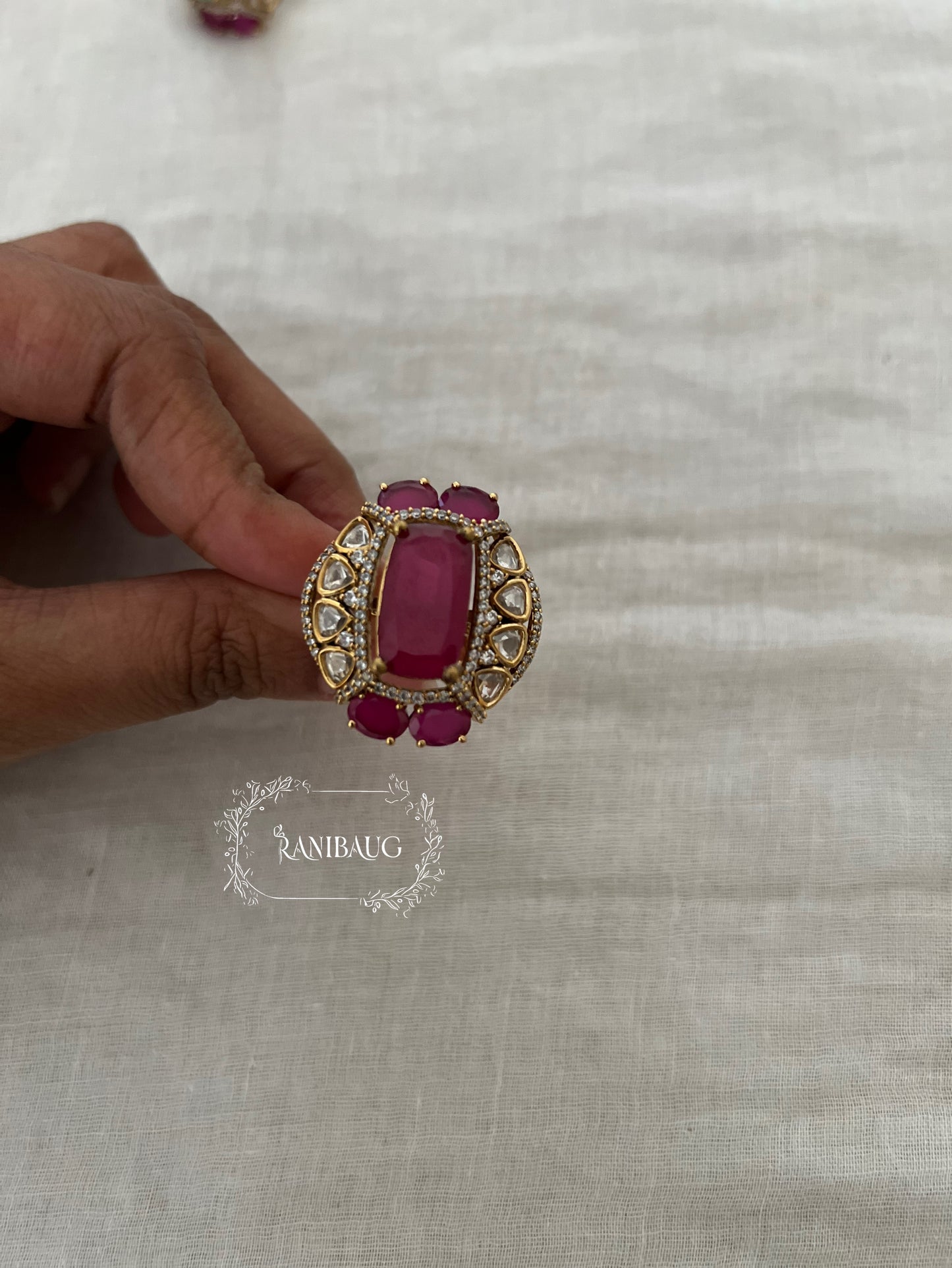 Anika Gold Finish Royal Gemstone Motif Polki Studded Festive Ring Jewelry By Ranibaug